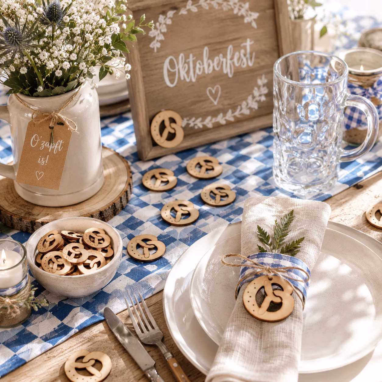 Oktoberfest Deko mit Miniatur Brezeln aus Holz für die Wiesn Tischdeko