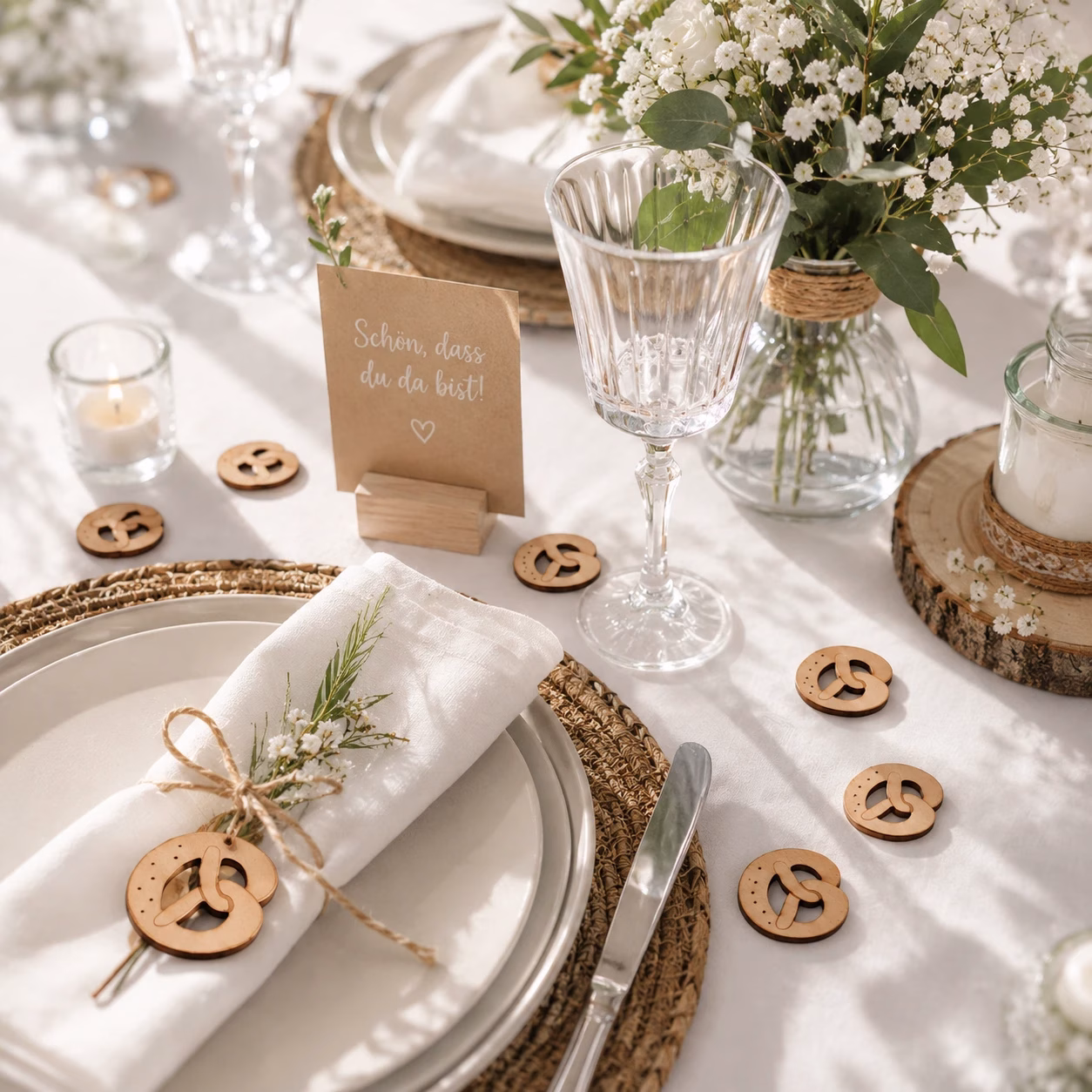 Holzbrezeln als Hochzeitsdeko auf festlich gedecktem Hochzeitstisch