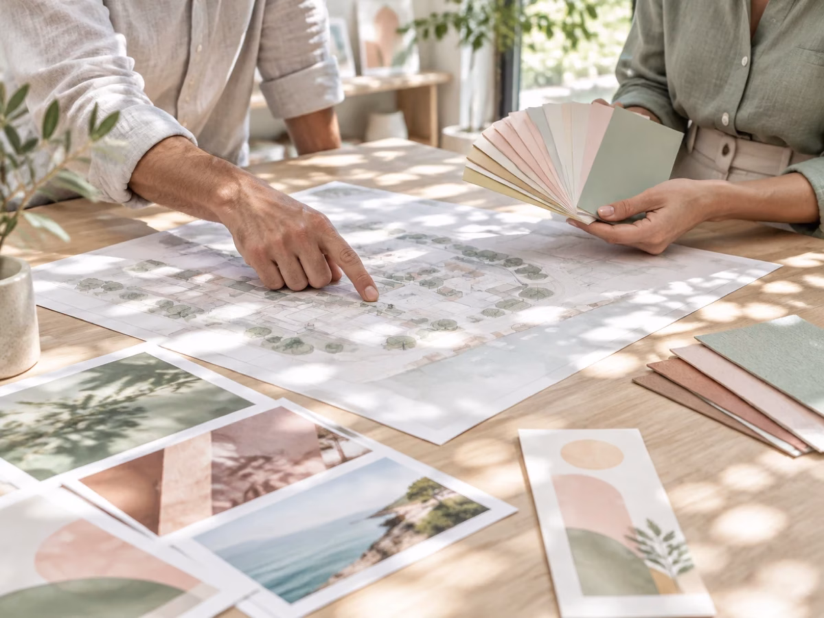 Beratung zum Druck in München an einem großformatigen Plan mit einem Fächer aus Papiermustern.