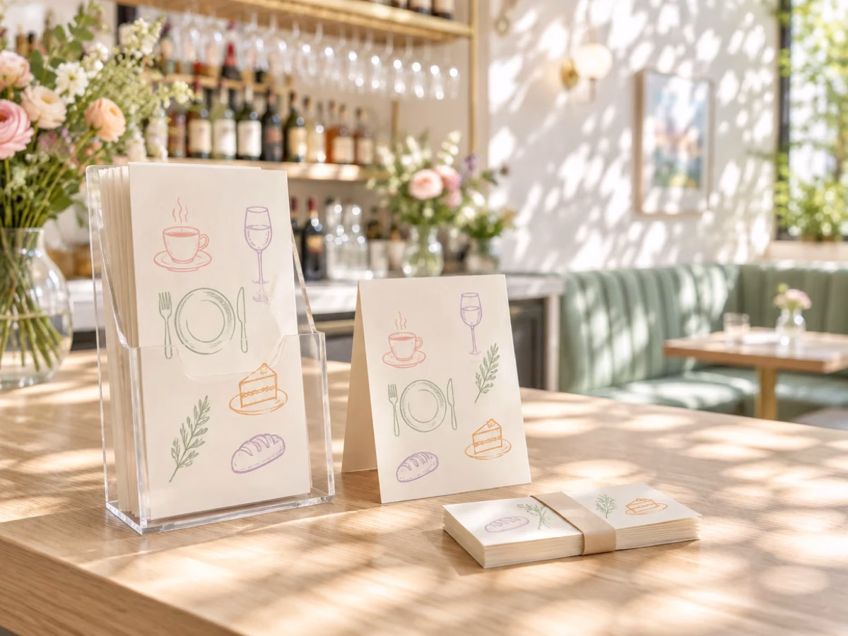 Speisekarten drucken und mehr für Gastronomiebetriebe 2 Flyer, Tischaufsteller und Gutscheinkarten mit gezeichneten Motiven liegen auf einem Bartresen.