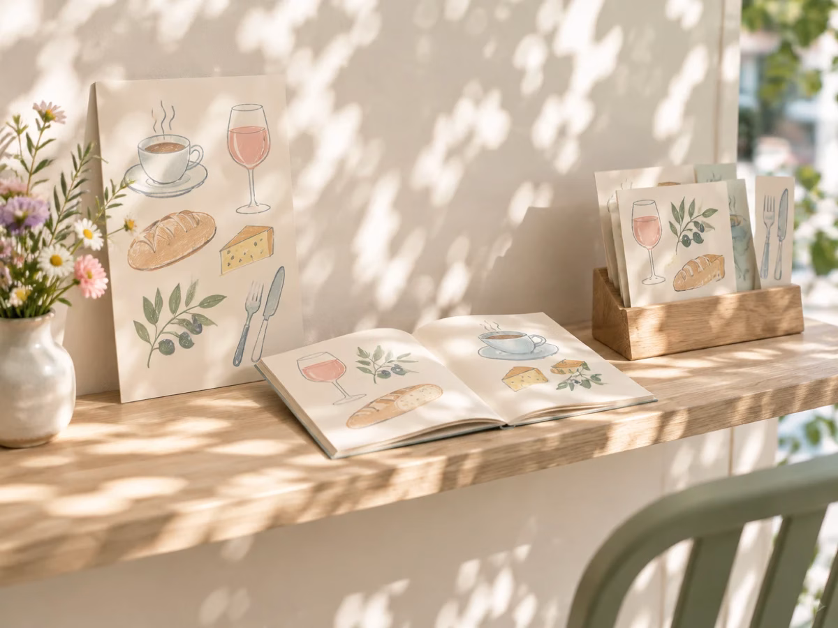 Speisekarten drucken und mehr für Gastronomiebetriebe 3 Plakat, aufgeschlagenes Programmheft und Postkarten auf einem Wandbord im Sonnenlicht.